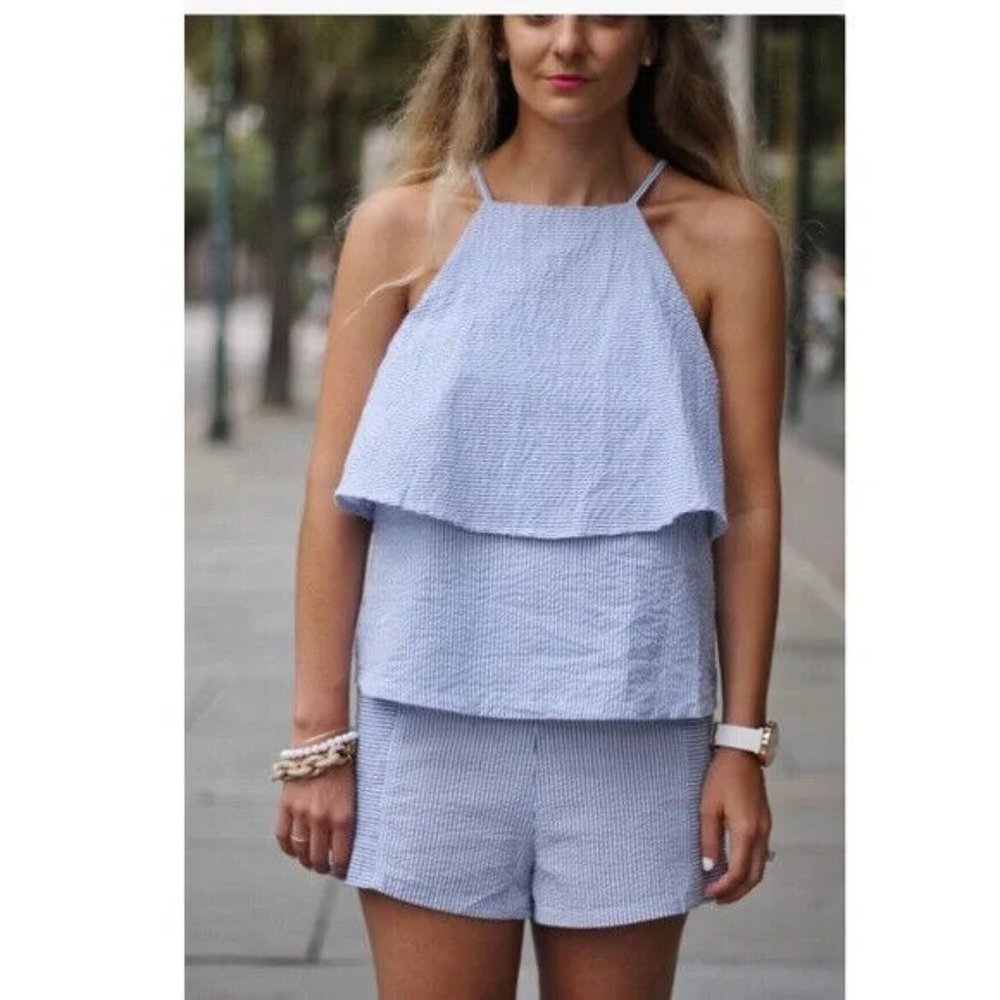 MINKPINK Top Blue White Stripe Tiered Ruffle Sleeveless Tank - Picture 2 of 12